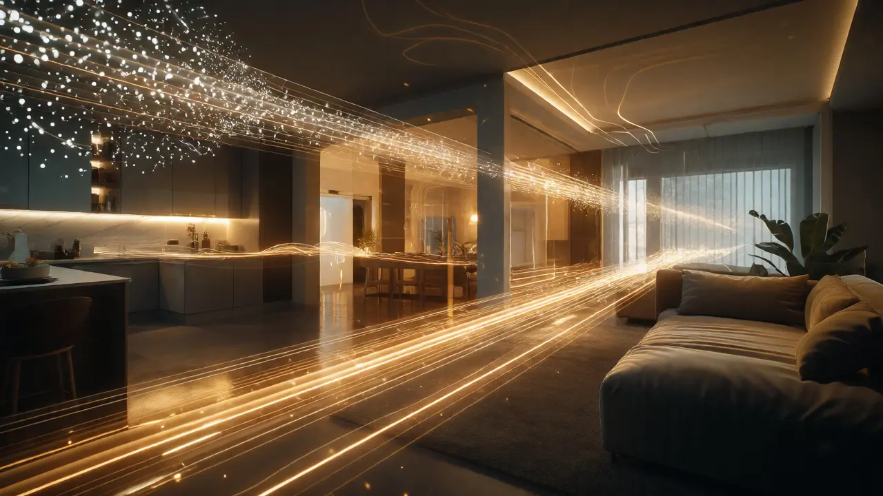 Glowing golden data streams synchronizing audio across different rooms in a smart home