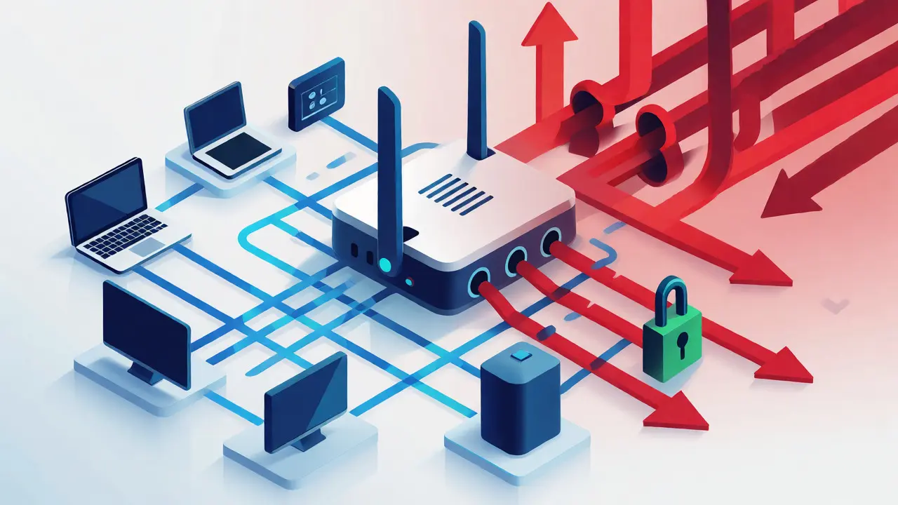 Isometric diagram showing a router filtering external threats from internal devices.
