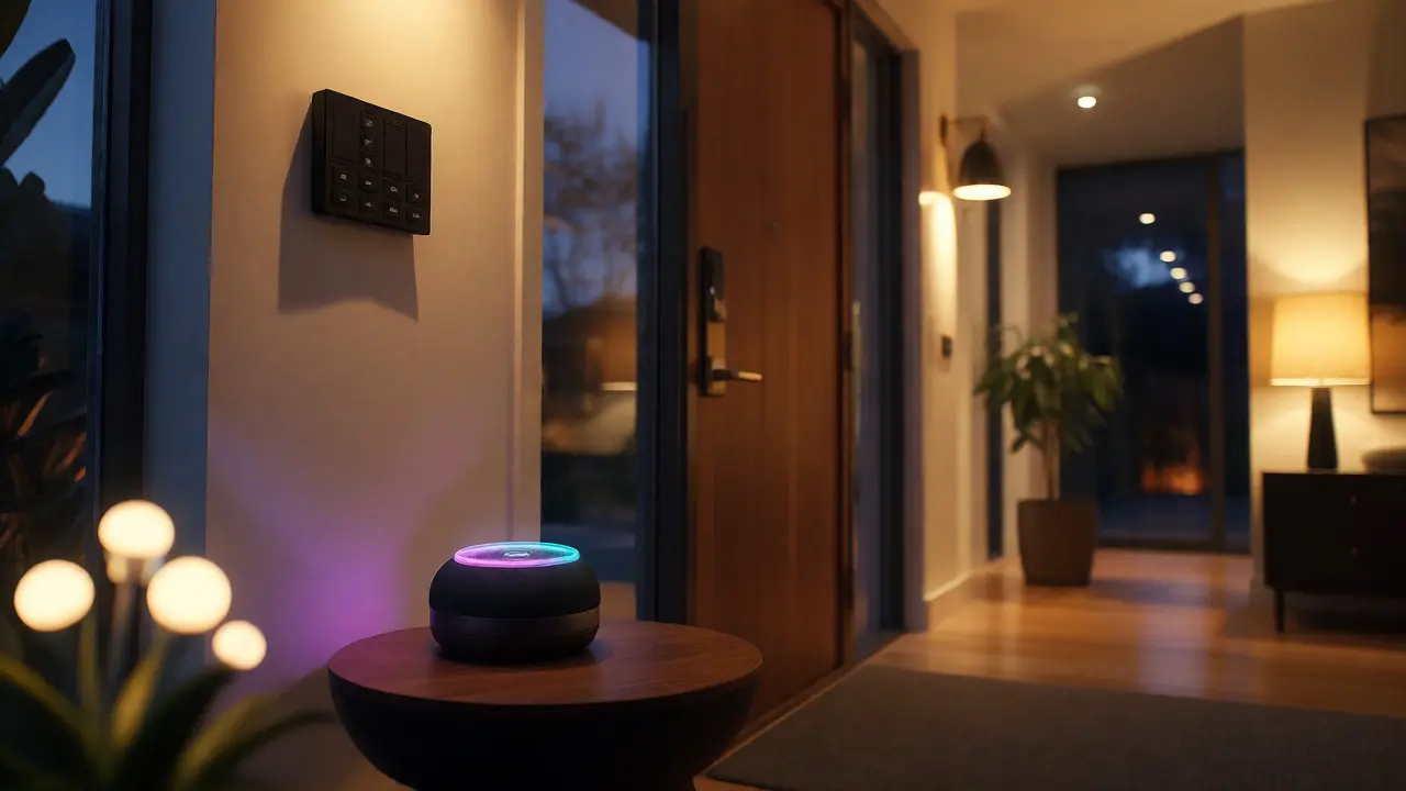 Modern entryway with hybrid smart controls and warm ambient lighting.