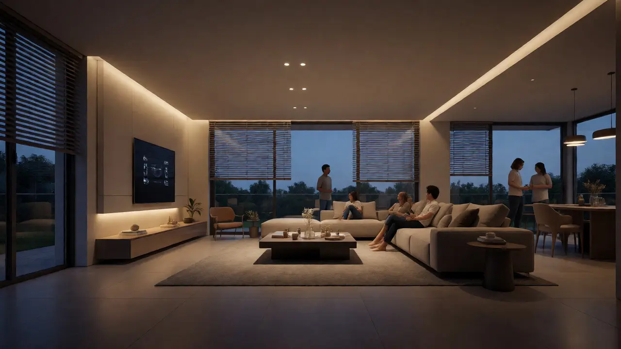 Modern living room at dusk featuring seamless smart lighting and automated blinds for easy living.