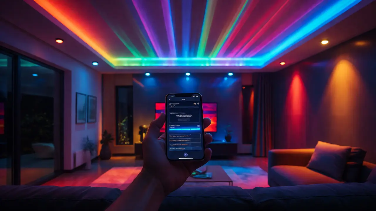 Modern media room featuring hybrid DMX color effects and DALI dimming controls.