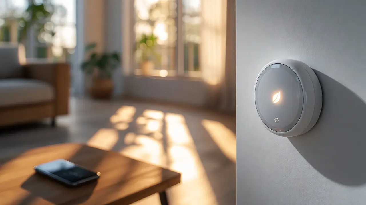 Modern smart thermostat on a wall in a sunlit living room