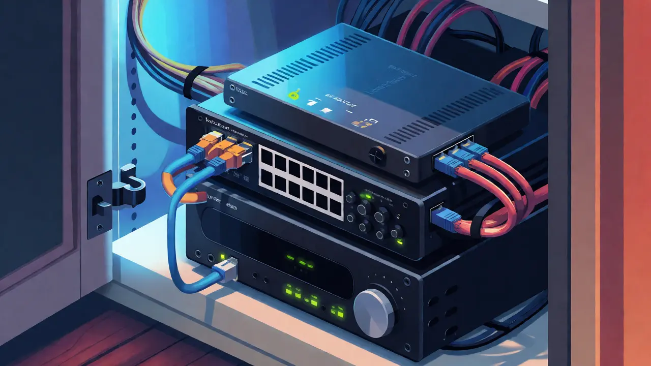 Organized home server closet with audio interfaces and managed switches connected by cables