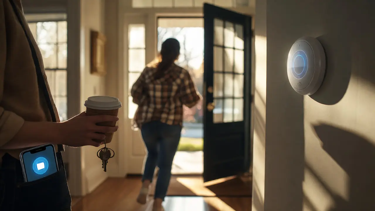 Person leaving home while a smart thermostat automatically adjusts to save energy based on location.