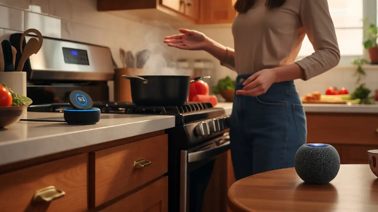 Person using Echo and HomePod in a kitchen