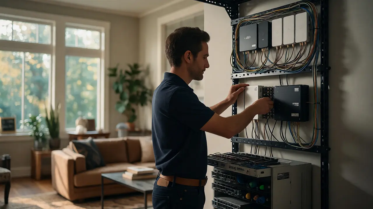 Professional technician neatly organizing smart home hubs and wiring in a clean residential setting.