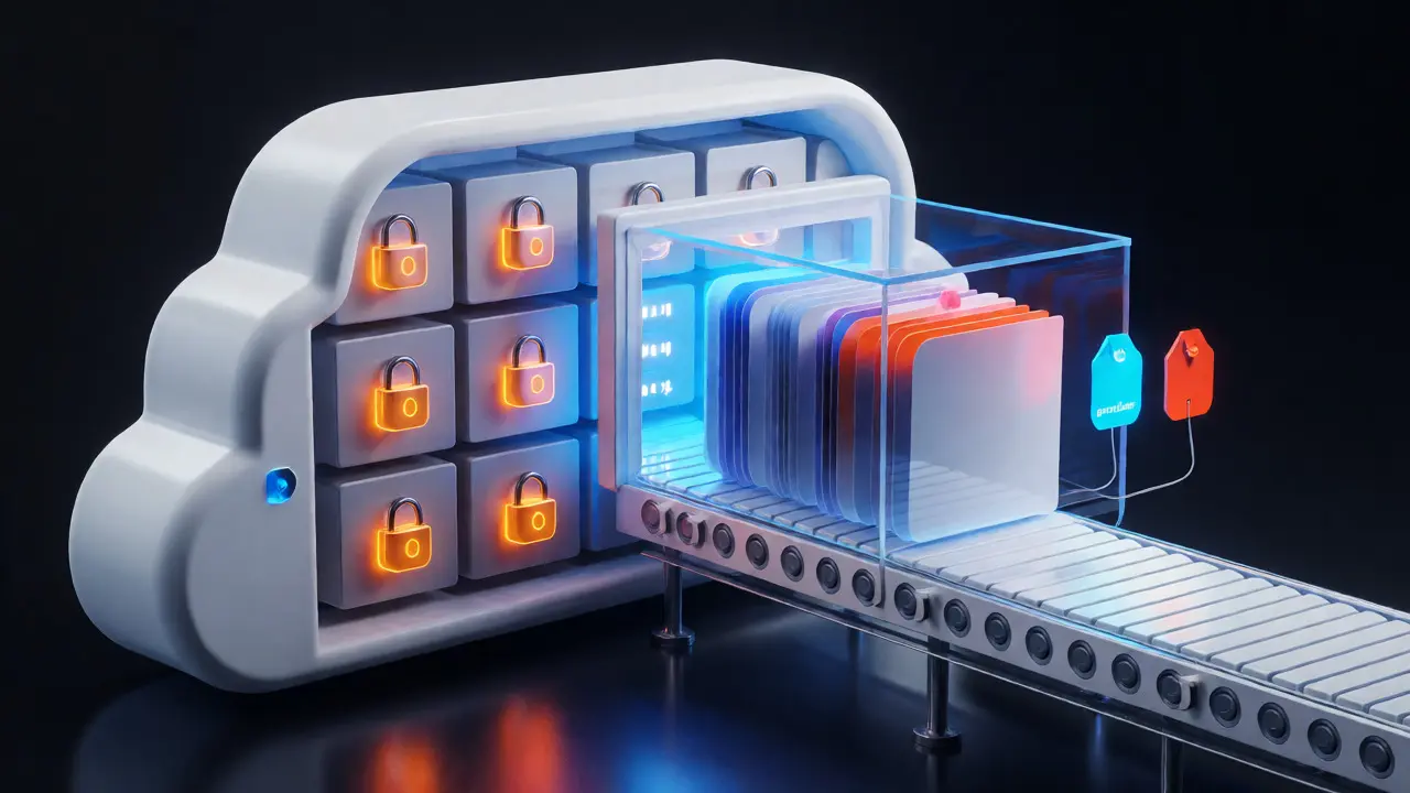 Secure cloud storage with locked data blocks and automated workflows