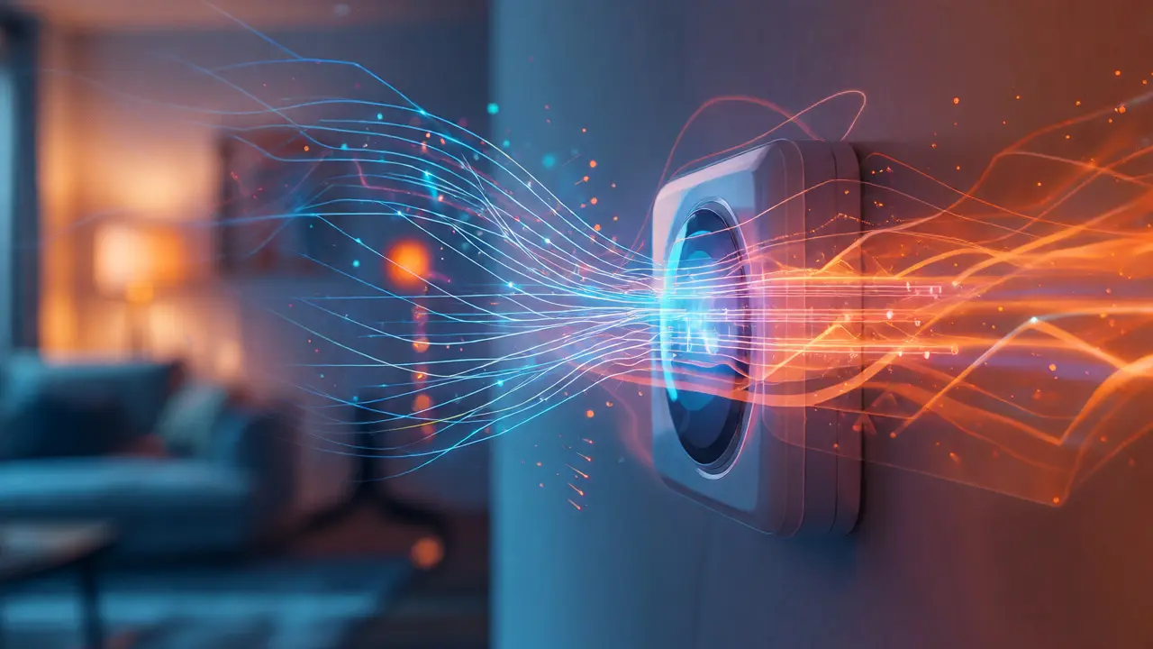 Smart thermostat emitting abstract digital lines representing data processing and energy efficiency.