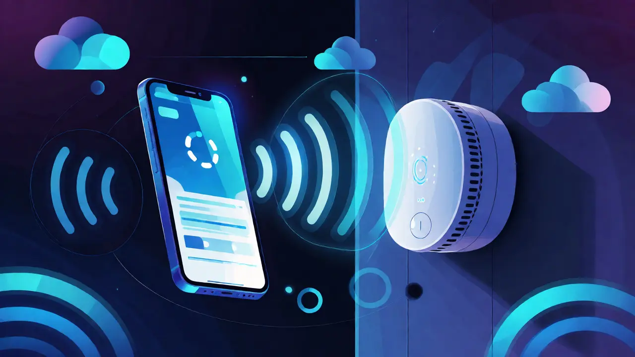 Smartphone connecting wirelessly to smart thermostat