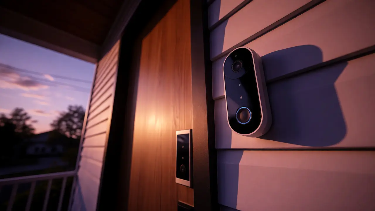 Video doorbell and smart lock on a front porch at dusk