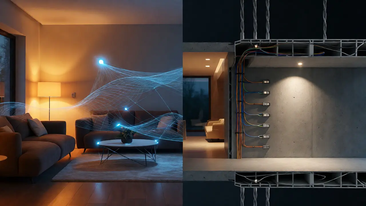 Visual comparison of wireless Zigbee mesh network versus wired DALI infrastructure.