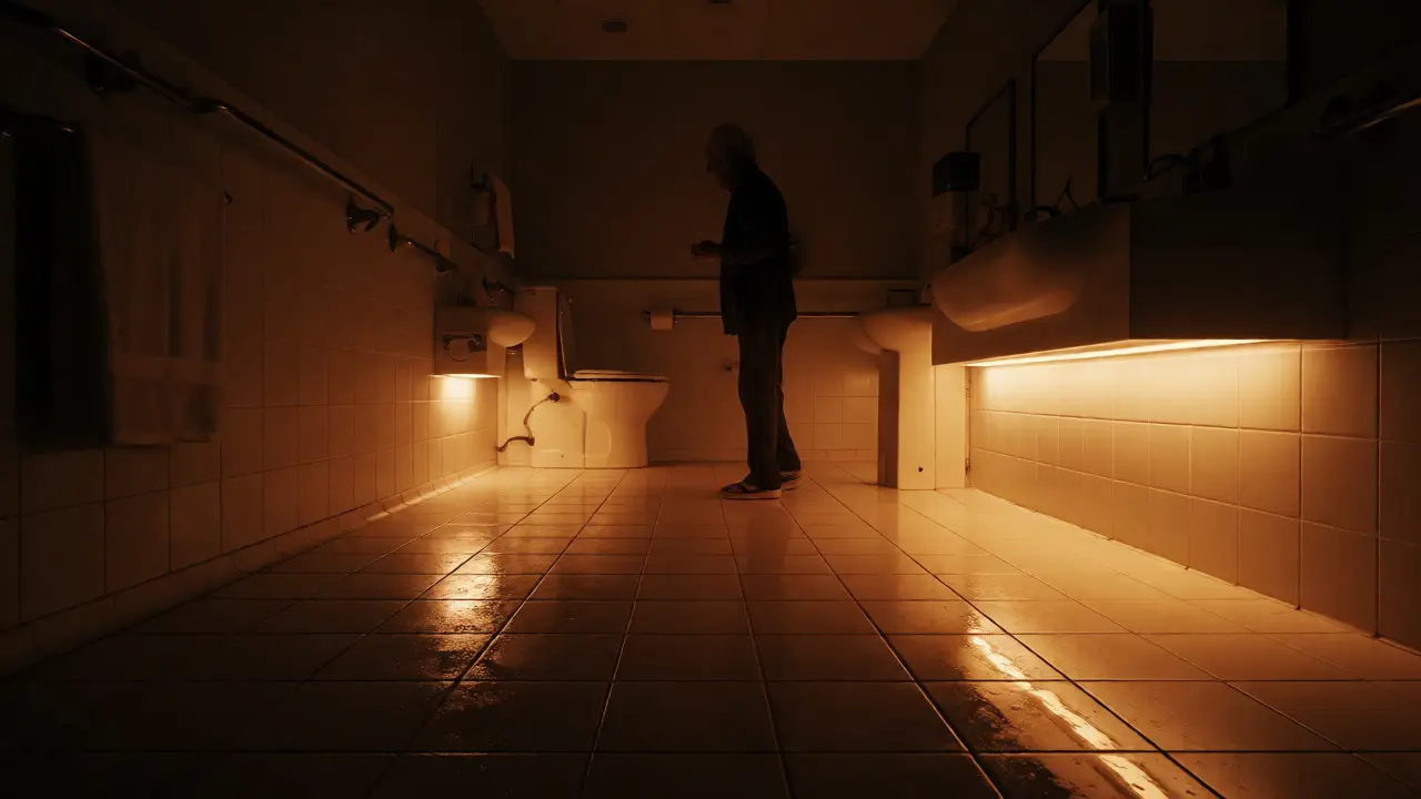 Warm under-cabinet lighting guiding a senior through a safe bathroom at night